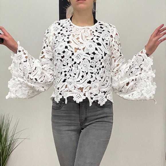 DECJUBA Bell Sleeve Eyelet Floral Lace Top Blouse Size 10 White - Picture 5 of 11